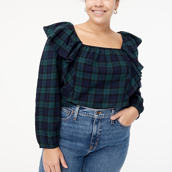 J Crew Flannel Squareneck Ruffle Top in Blackwatch Green Navy Black Plaid - Picture 5 of 7
